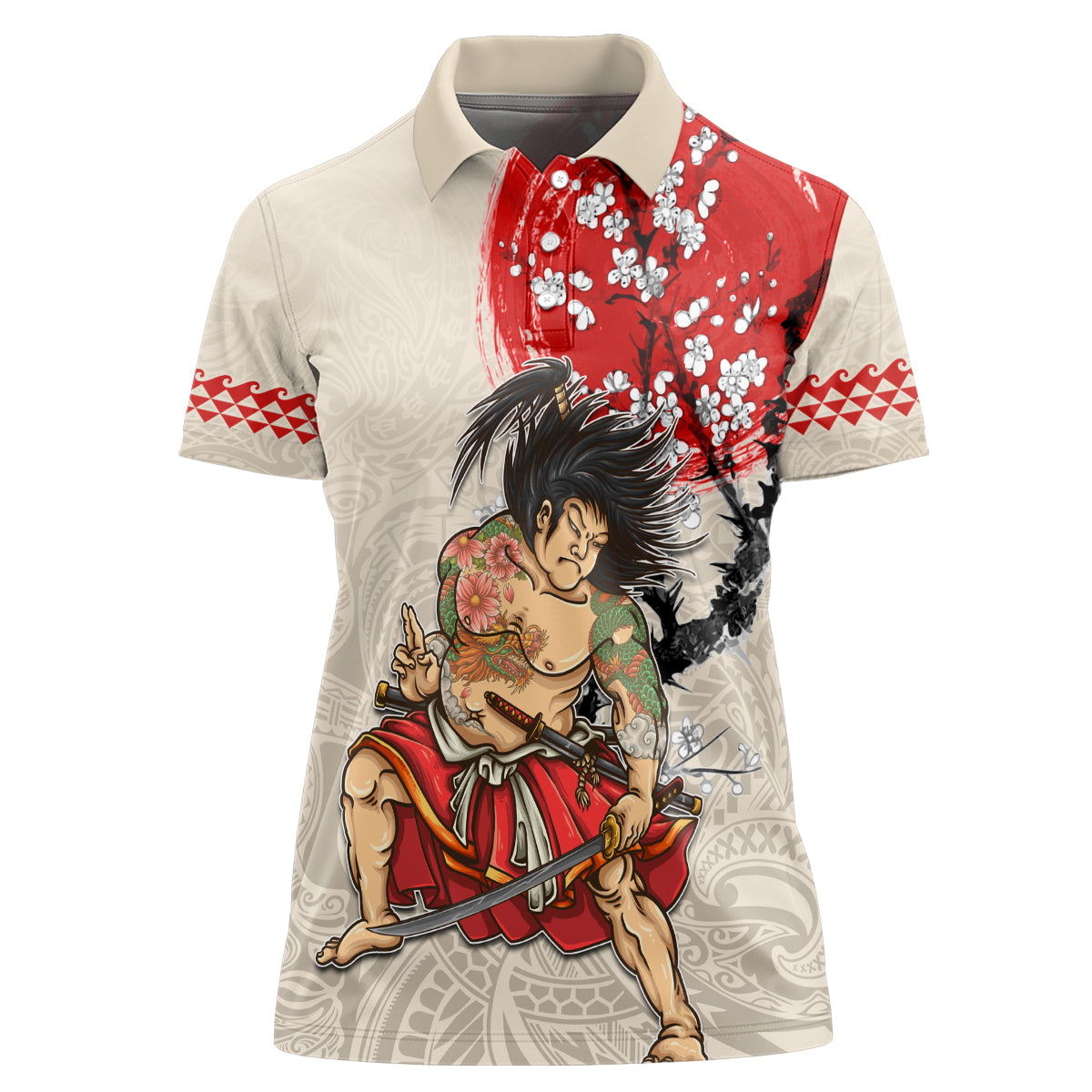 Personalised Pan-Pacific Festival Women Polo Shirt Japanese Samurai with Hawaiian Pattern