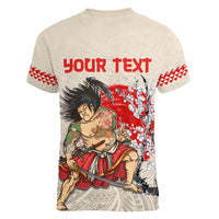 Personalised Pan-Pacific Festival Women V-Neck T-Shirt Japanese Samurai with Hawaiian Pattern