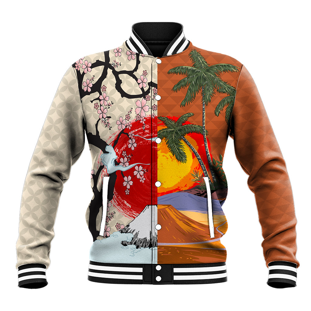 Japanese Culture Hawaii Style Baseball Jacket Mauna Kea and Fuji Mountains LT03 Unisex Brown - Polynesian Pride