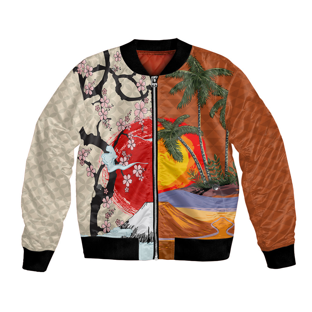 Japanese Culture Hawaii Style Bomber Jacket Mauna Kea and Fuji Mountains LT03 Unisex Brown - Polynesian Pride