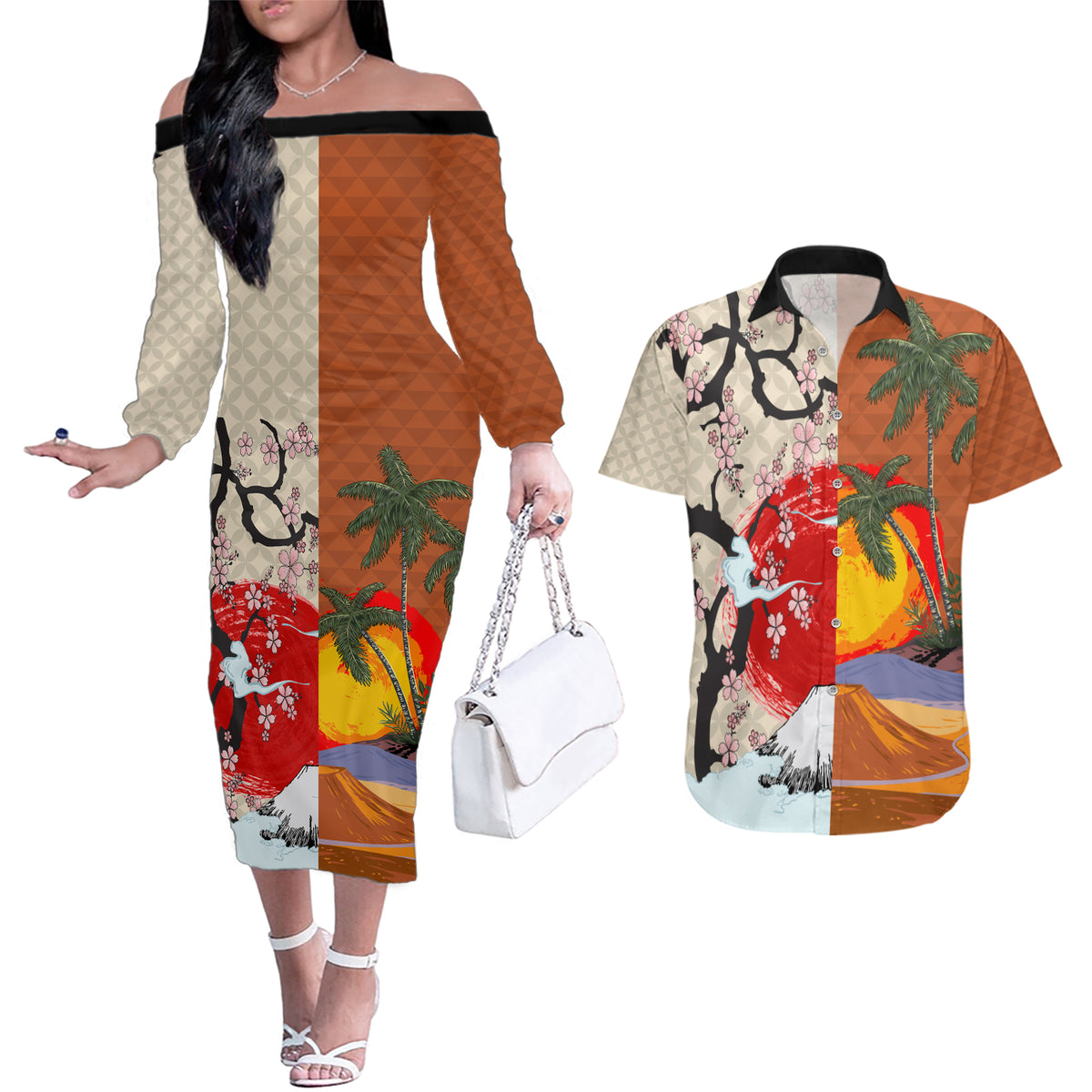 Pan-Pacific Festival Couples Matching Off The Shoulder Long Sleeve Dress and Hawaiian Shirt Mauna Kea and Fuji Mountains