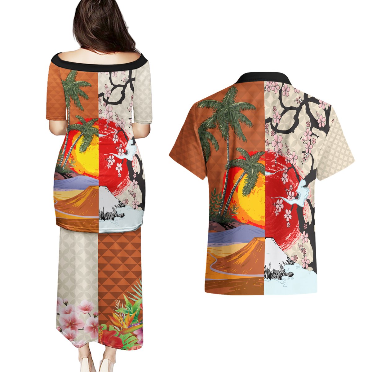 Japanese Culture Hawaii Style Couples Matching Puletasi and Hawaiian Shirt Mauna Kea and Fuji Mountains LT03 - Polynesian Pride