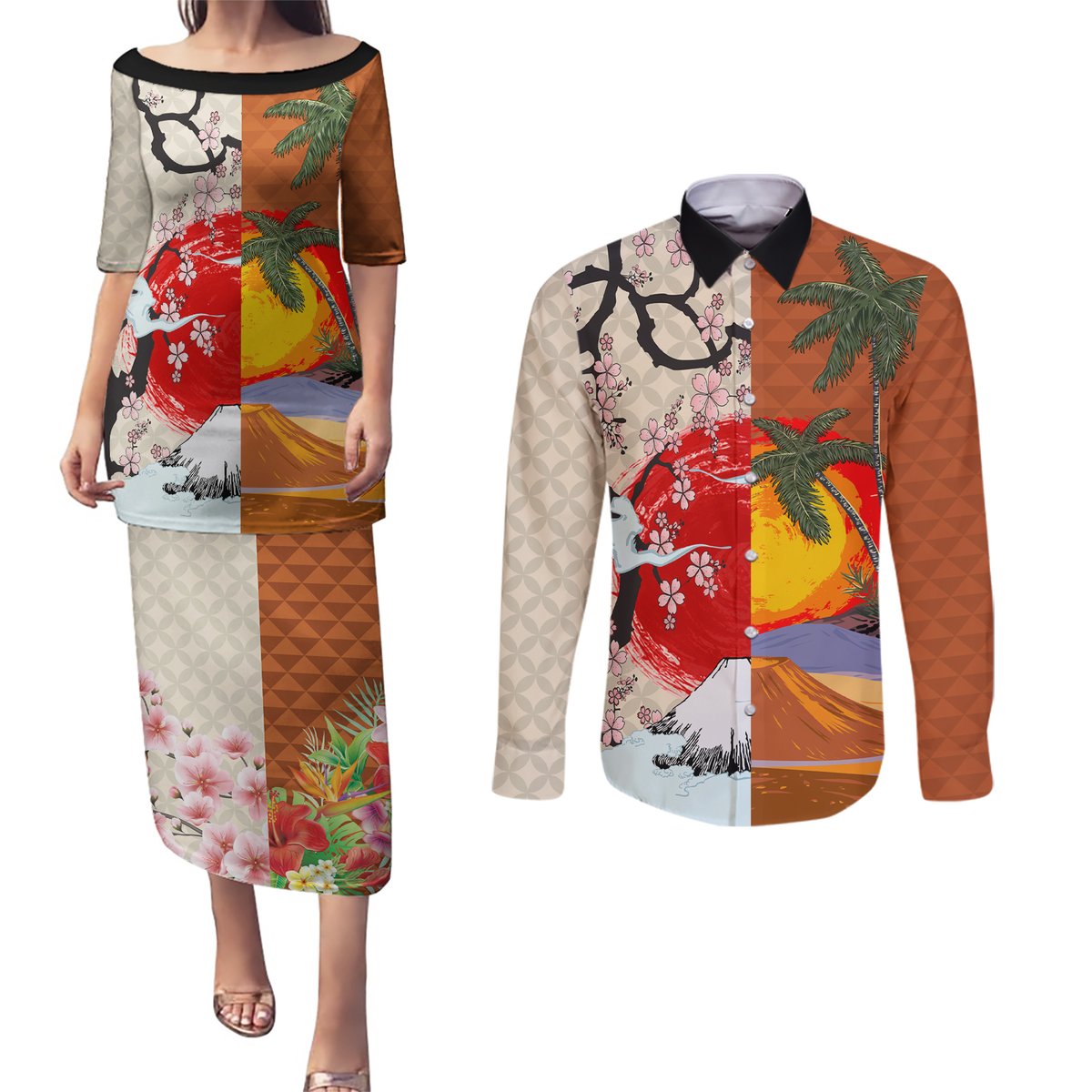 Japanese Culture Hawaii Style Couples Matching Puletasi and Long Sleeve Button Shirt Mauna Kea and Fuji Mountains LT03 Brown - Polynesian Pride