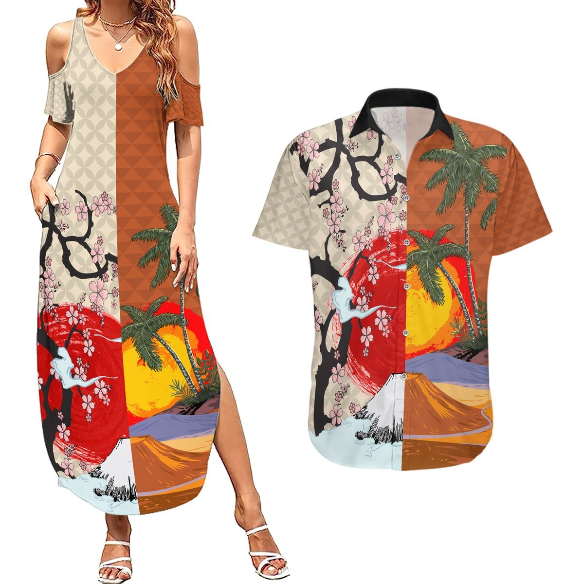 Japanese Culture Hawaii Style Couples Matching Summer Maxi Dress and Hawaiian Shirt Mauna Kea and Fuji Mountains LT03 Brown - Polynesian Pride