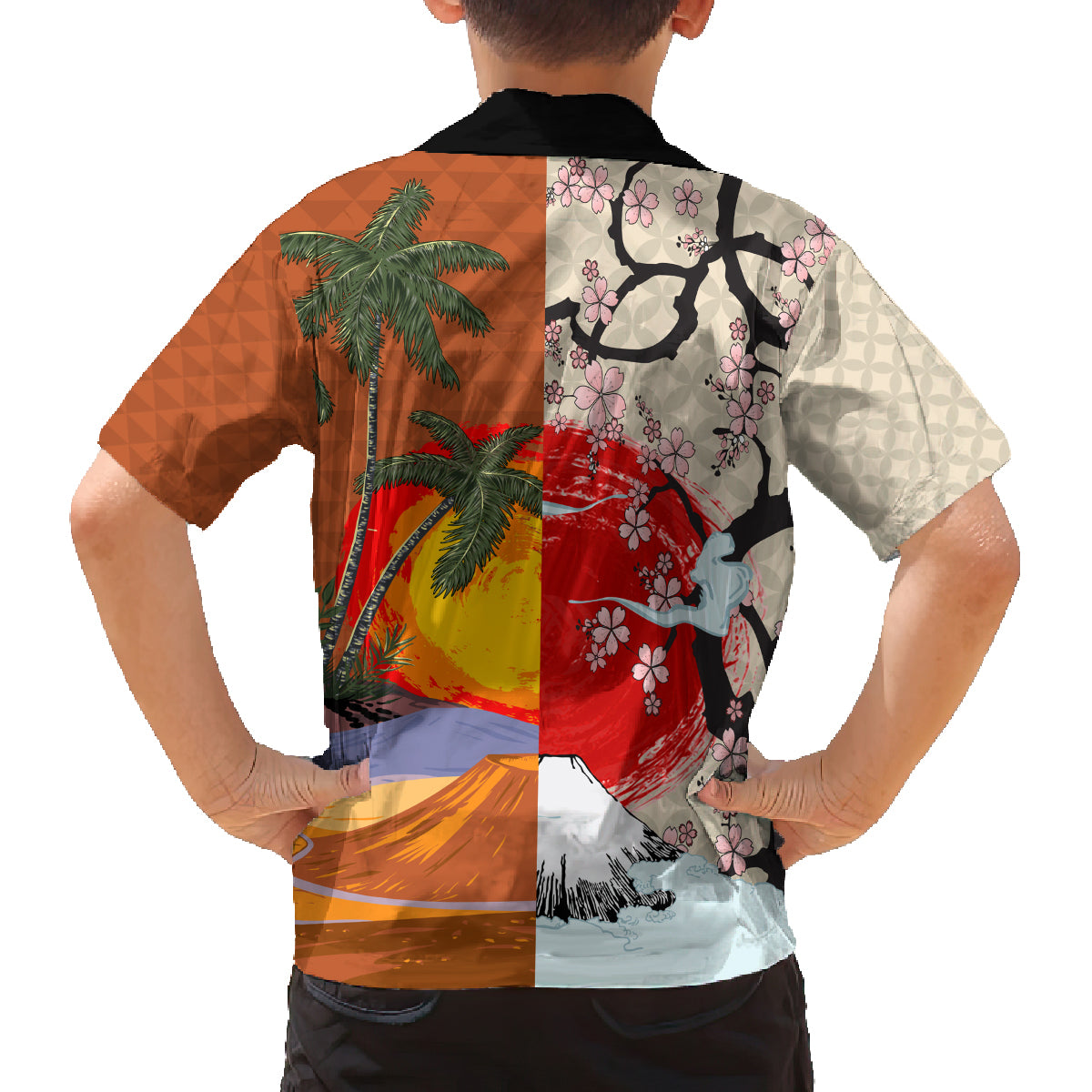 Japanese Culture Hawaii Style Family Matching Long Sleeve Bodycon Dress and Hawaiian Shirt Mauna Kea and Fuji Mountains LT03 - Polynesian Pride