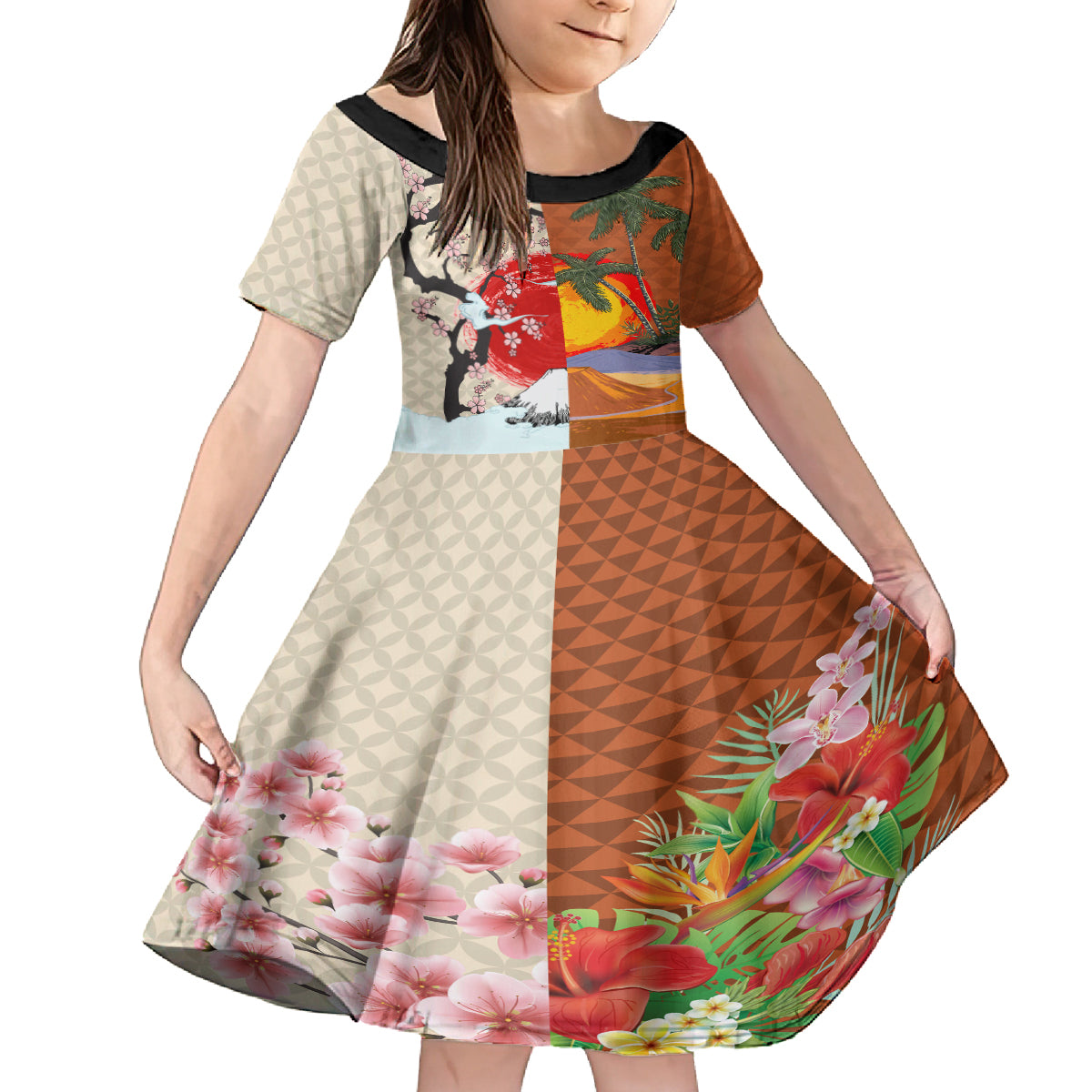 Japanese Culture Hawaii Style Family Matching Long Sleeve Bodycon Dress and Hawaiian Shirt Mauna Kea and Fuji Mountains LT03 Daughter's Dress Brown - Polynesian Pride