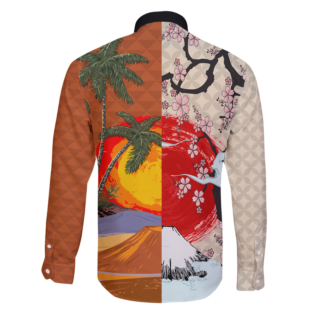 Japanese Culture Hawaii Style Family Matching Long Sleeve Bodycon Dress and Hawaiian Shirt Mauna Kea and Fuji Mountains LT03 - Polynesian Pride