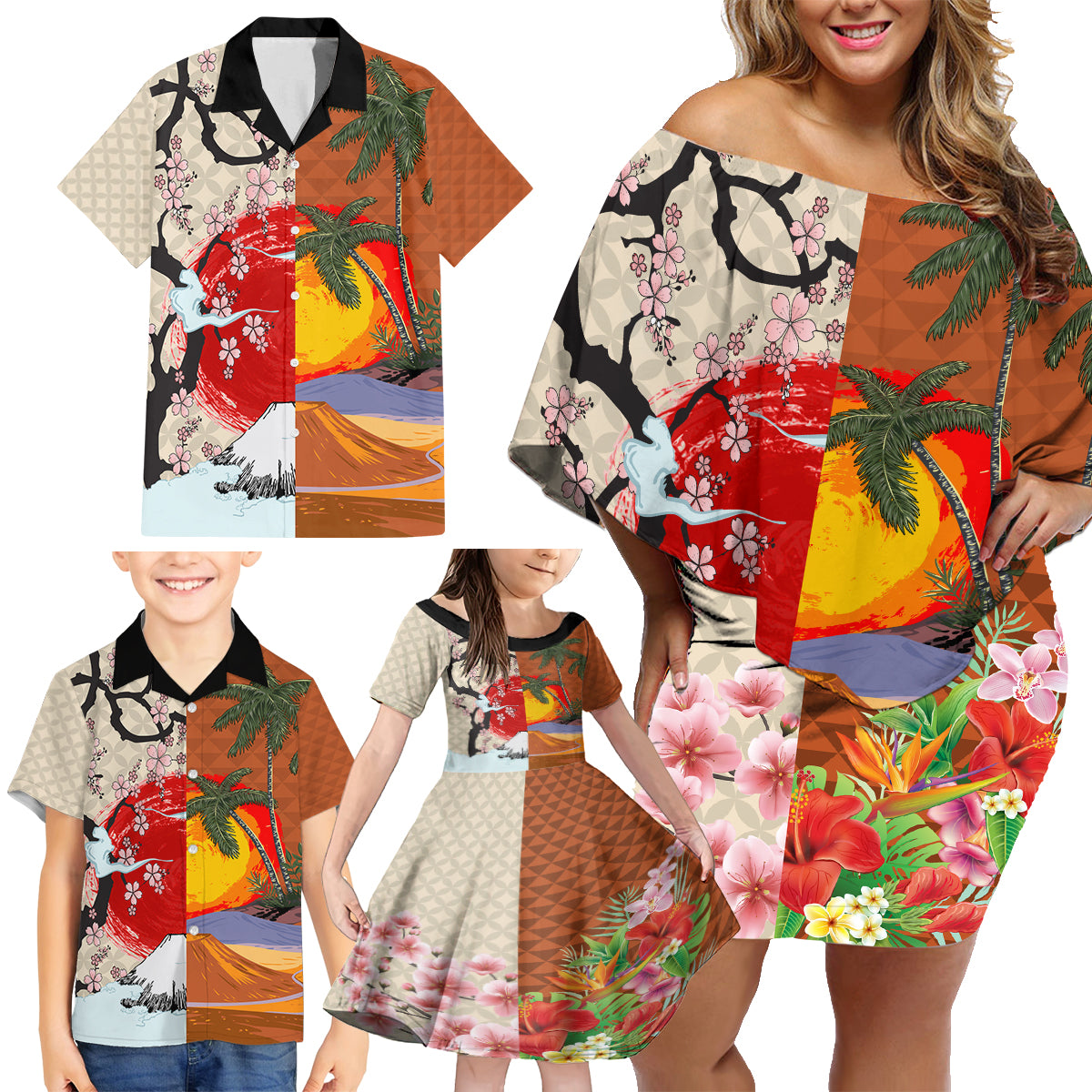 Japanese Culture Hawaii Style Family Matching Off Shoulder Short Dress and Hawaiian Shirt Mauna Kea and Fuji Mountains LT03 - Polynesian Pride