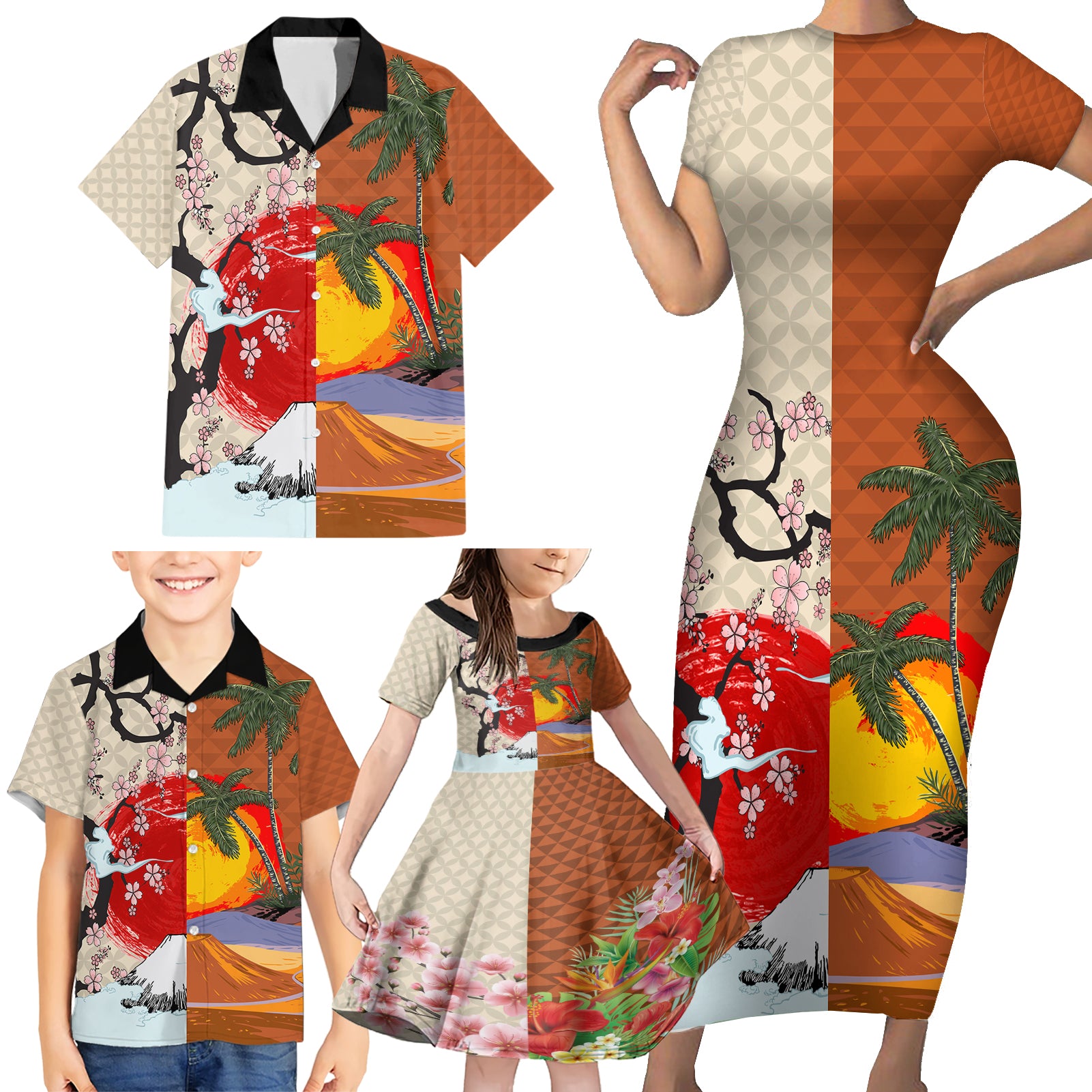 Pan-Pacific Festival Family Matching Short Sleeve Bodycon Dress and Hawaiian Shirt Mauna Kea and Fuji Mountains