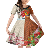 Japanese Culture Hawaii Style Family Matching Summer Maxi Dress and Hawaiian Shirt Mauna Kea and Fuji Mountains LT03 Daughter's Dress Brown - Polynesian Pride