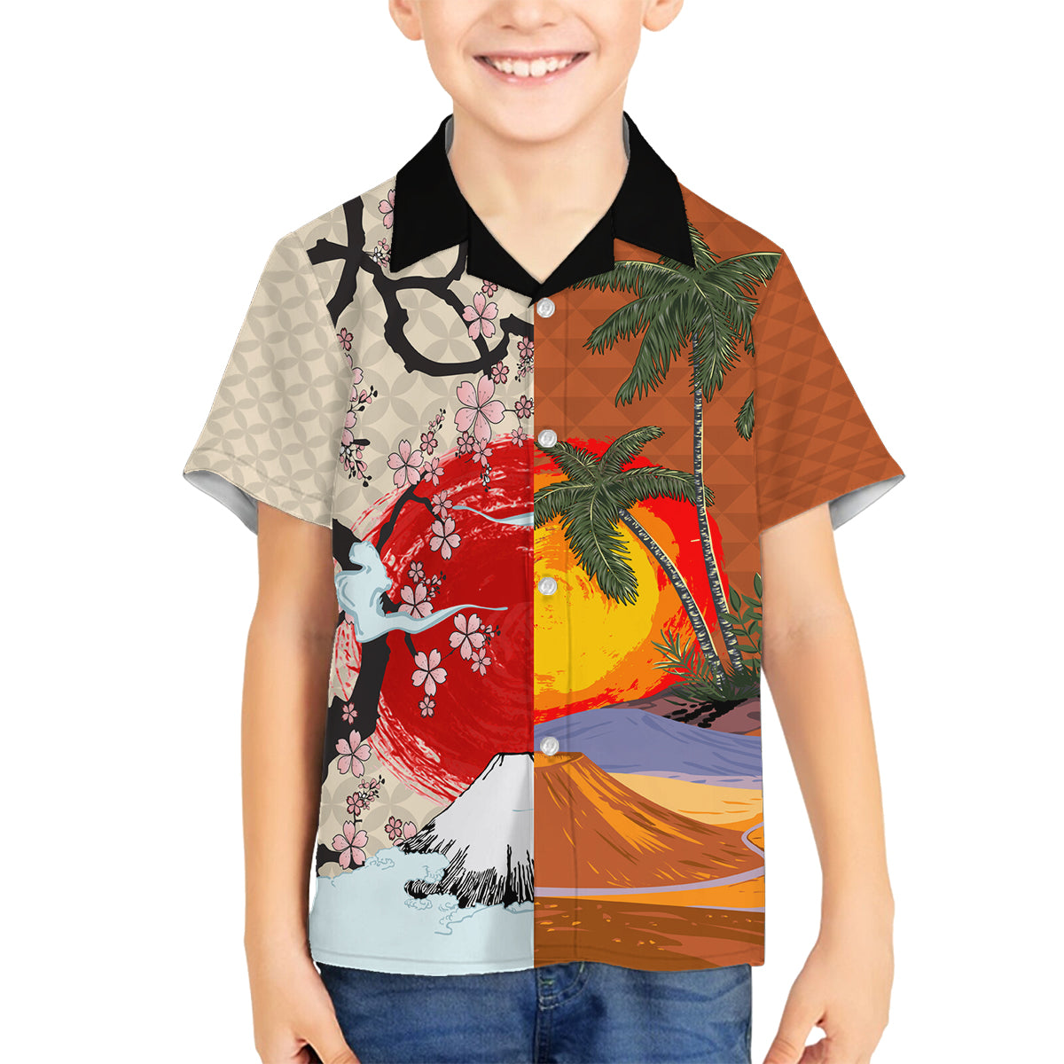 Japanese Culture Hawaii Style Family Matching Summer Maxi Dress and Hawaiian Shirt Mauna Kea and Fuji Mountains LT03 Son's Shirt Brown - Polynesian Pride