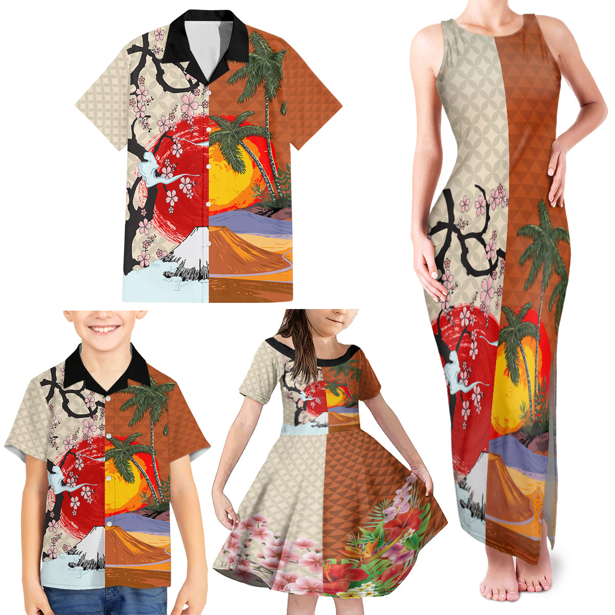 Japanese Culture Hawaii Style Family Matching Tank Maxi Dress and Hawaiian Shirt Mauna Kea and Fuji Mountains LT03 - Polynesian Pride
