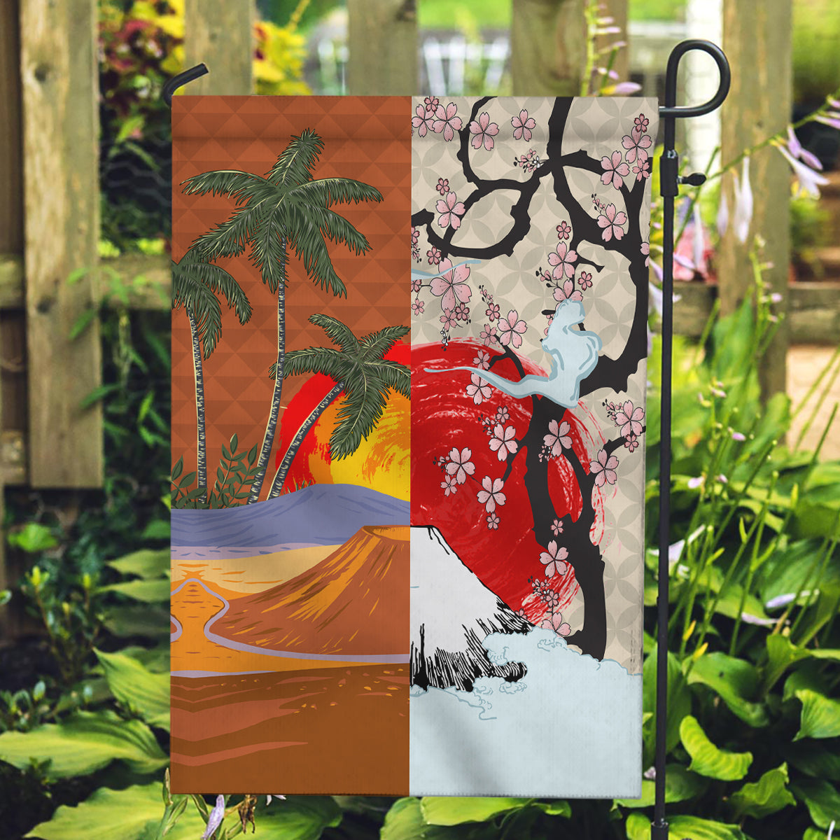 Japanese Culture Hawaii Style Garden Flag Mauna Kea and Fuji Mountains LT03 Garden Flag Brown - Polynesian Pride