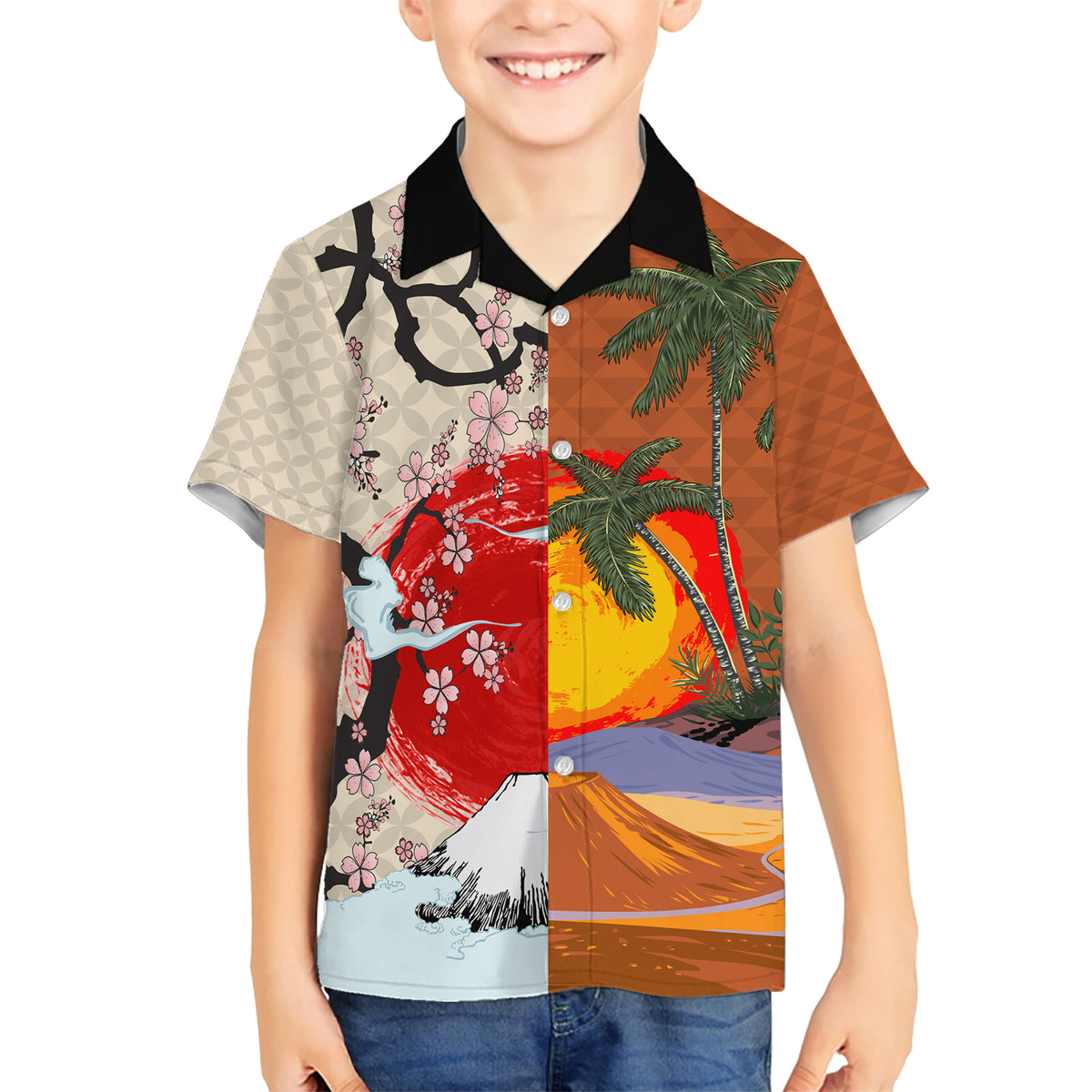 Japanese Culture Hawaii Style Kid Hawaiian Shirt Mauna Kea and Fuji Mountains LT03 Kid Brown - Polynesian Pride