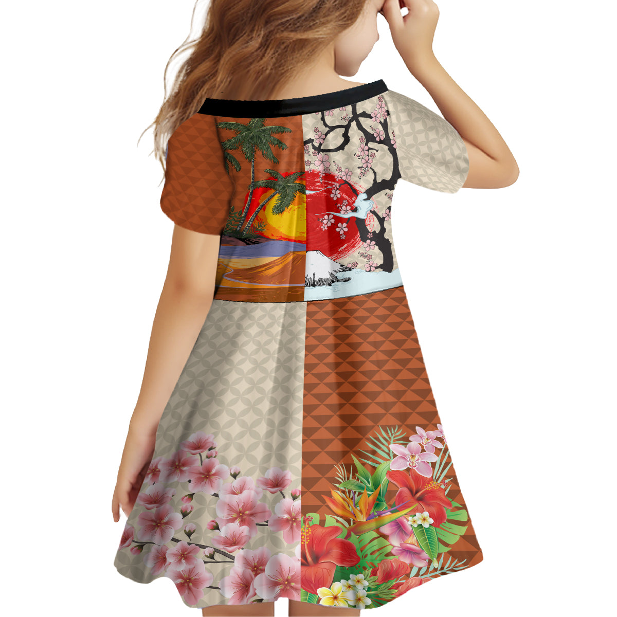 Japanese Culture Hawaii Style Kid Short Sleeve Dress Mauna Kea and Fuji Mountains LT03 - Polynesian Pride