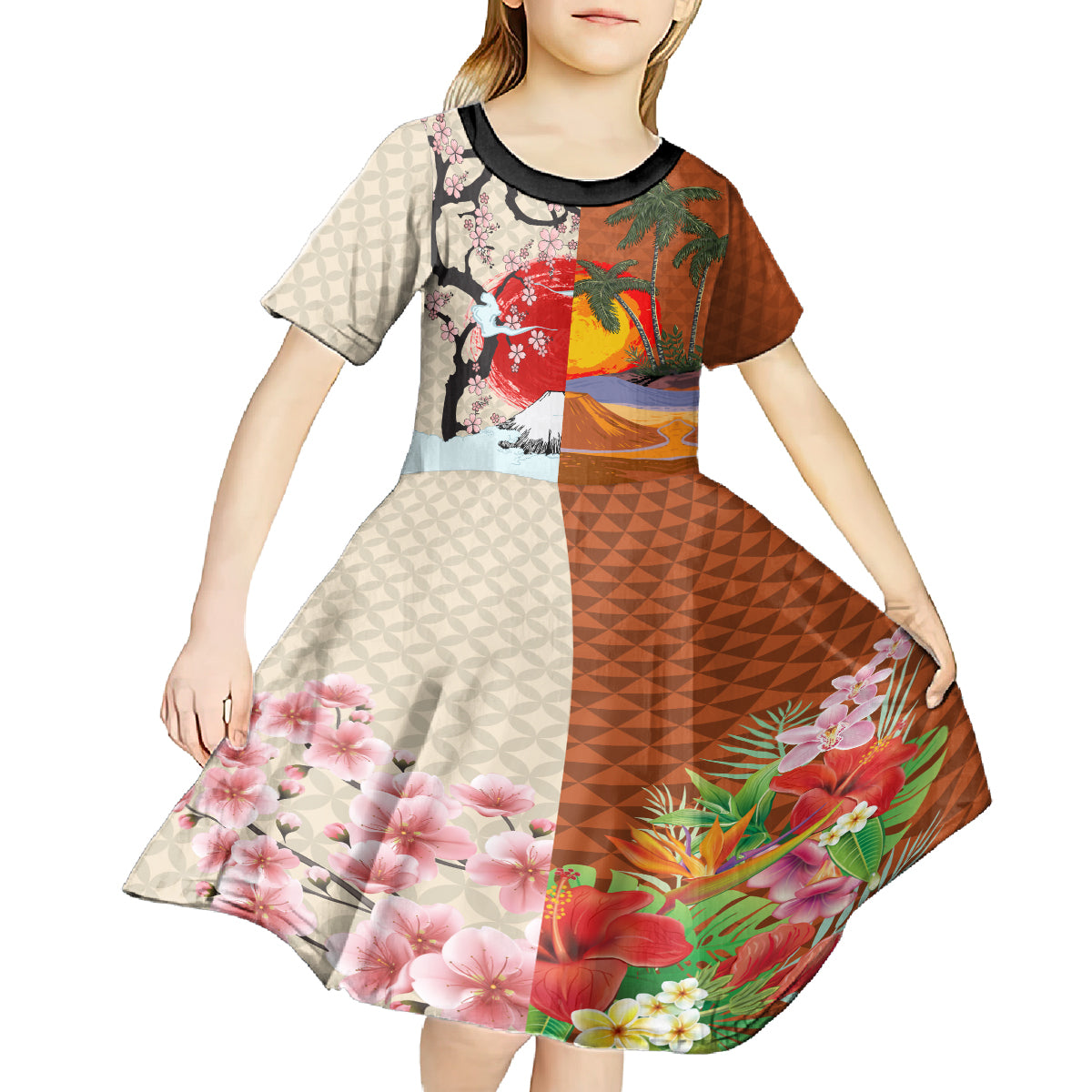 Japanese Culture Hawaii Style Kid Short Sleeve Dress Mauna Kea and Fuji Mountains LT03 - Polynesian Pride
