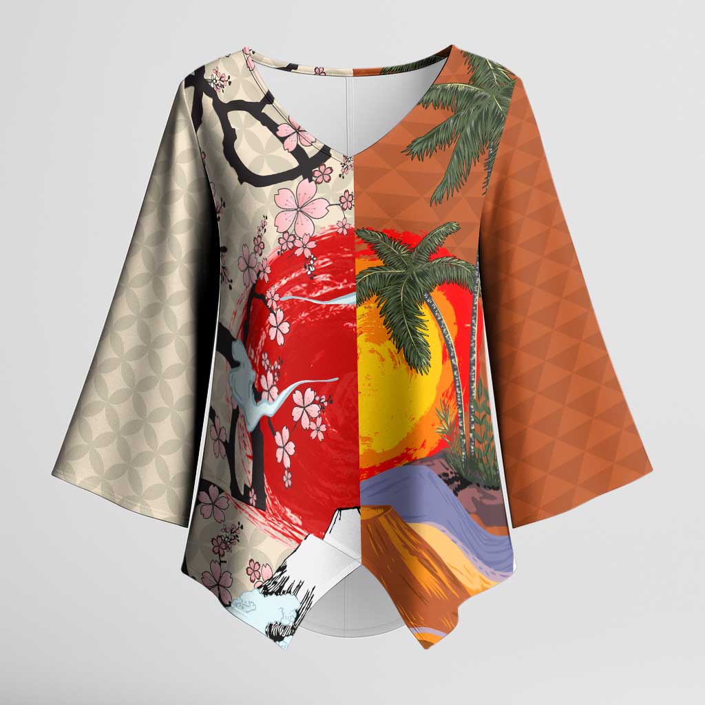 Japanese Culture Hawaii Style Kimono Sleeve Blouse Mauna Kea and Fuji Mountains - Polynesian Pride