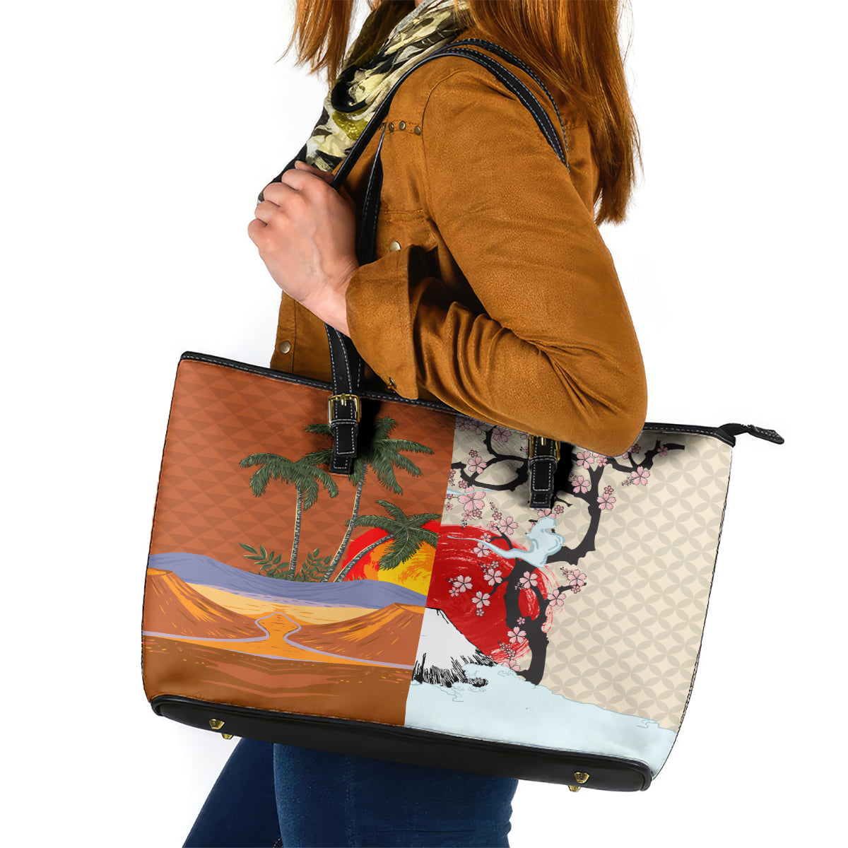 Japanese Culture Hawaii Style Leather Tote Bag Mauna Kea and Fuji Mountains LT03 Brown - Polynesian Pride