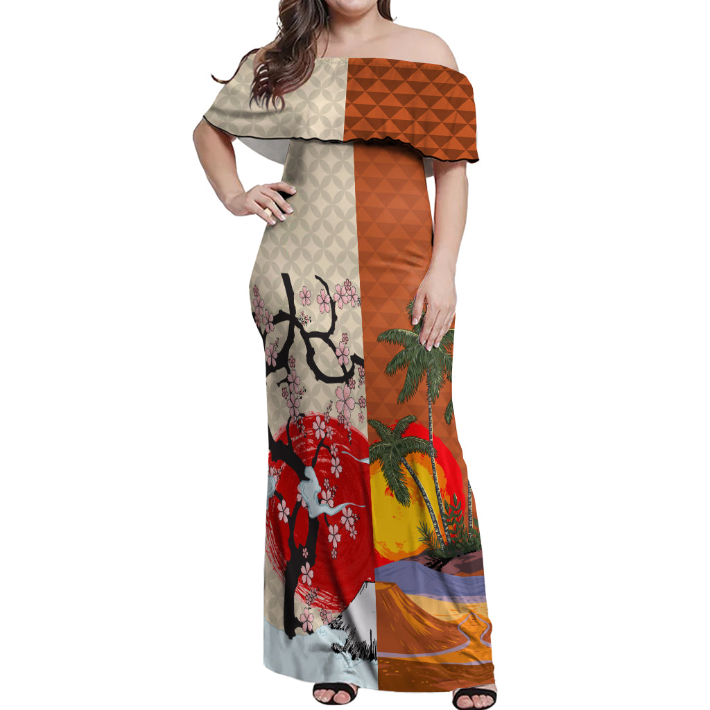 Japanese Culture Hawaii Style Off Shoulder Maxi Dress Mauna Kea and Fuji Mountains LT03 Women Brown - Polynesian Pride