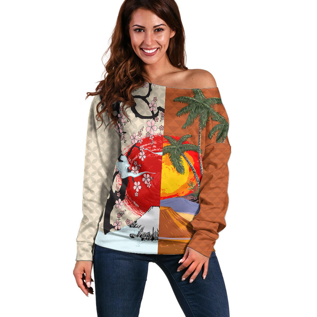 Pan-Pacific Festival Off Shoulder Sweater Mauna Kea and Fuji Mountains