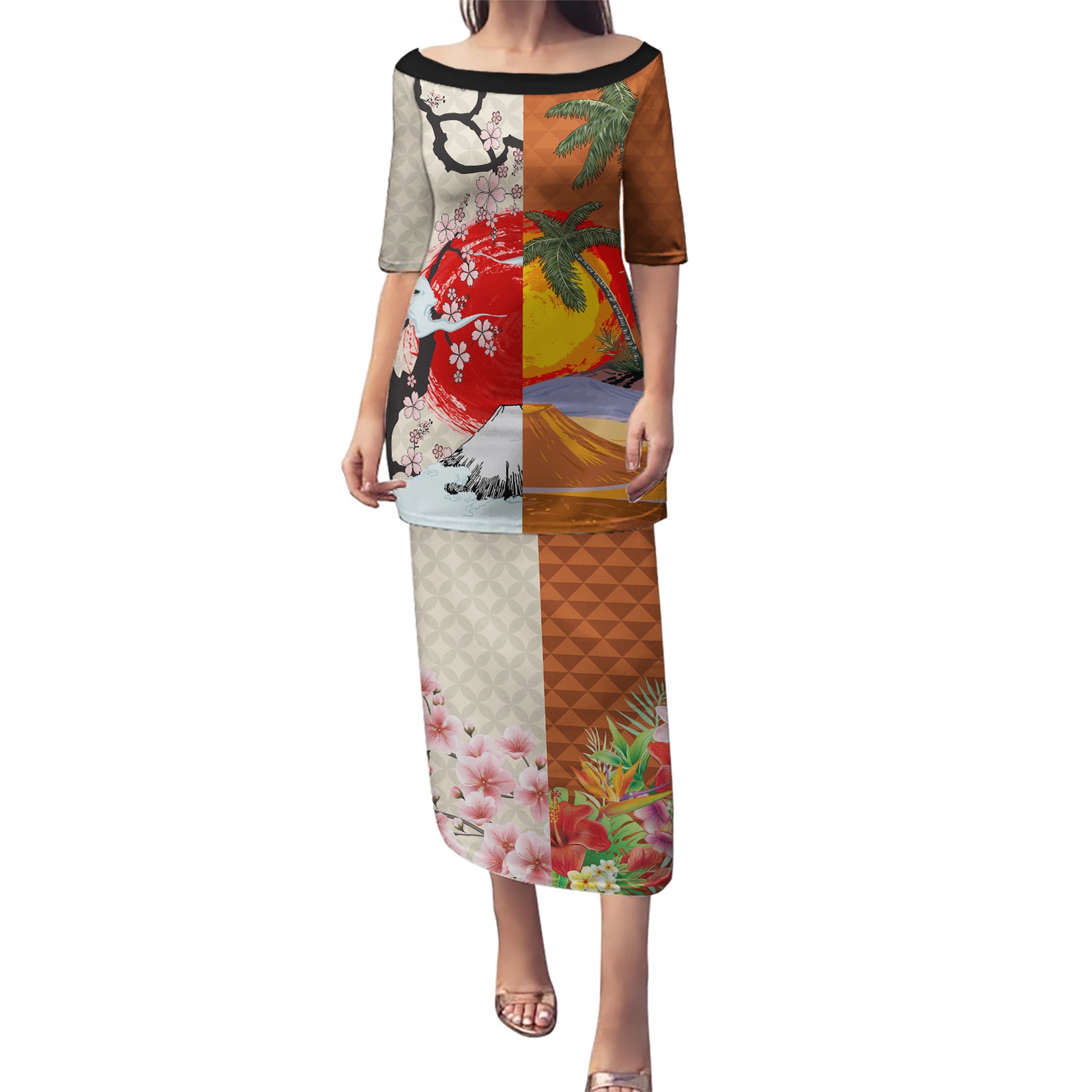Japanese Culture Hawaii Style Puletasi Mauna Kea and Fuji Mountains LT03 Long Dress Brown - Polynesian Pride