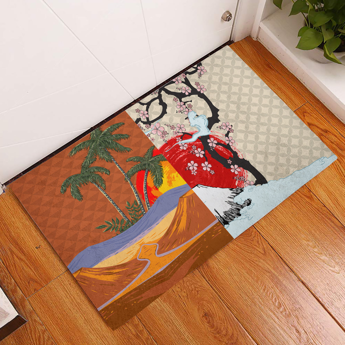 Japanese Culture Hawaii Style Rubber Doormat Mauna Kea and Fuji Mountains LT03 Brown - Polynesian Pride