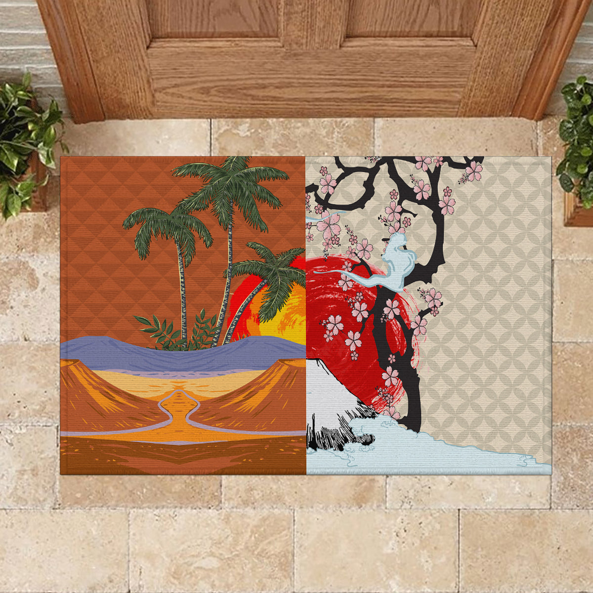 Japanese Culture Hawaii Style Rubber Doormat Mauna Kea and Fuji Mountains LT03 - Polynesian Pride