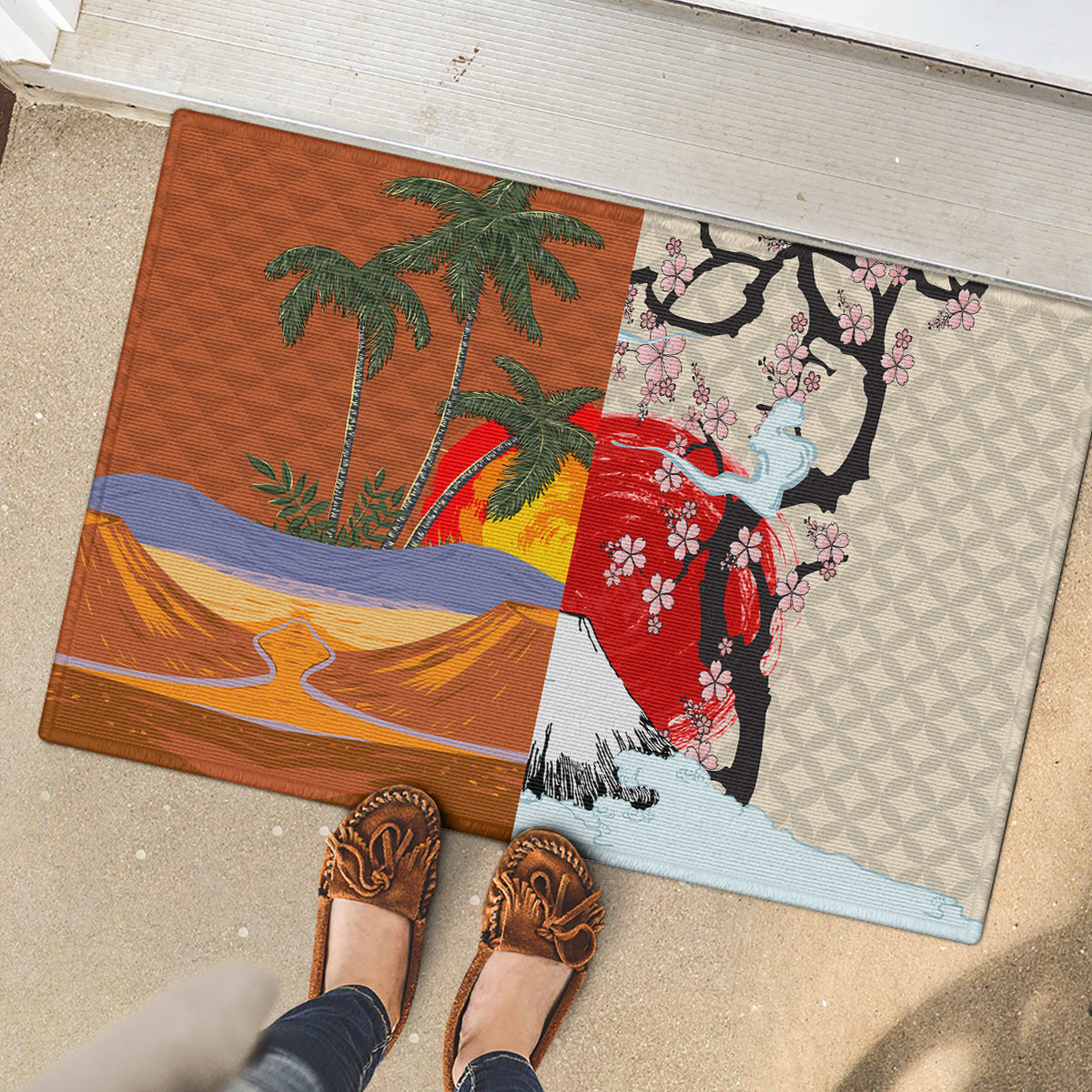 Japanese Culture Hawaii Style Rubber Doormat Mauna Kea and Fuji Mountains LT03 - Polynesian Pride