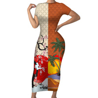 Pan-Pacific Festival Short Sleeve Bodycon Dress Mauna Kea and Fuji Mountains
