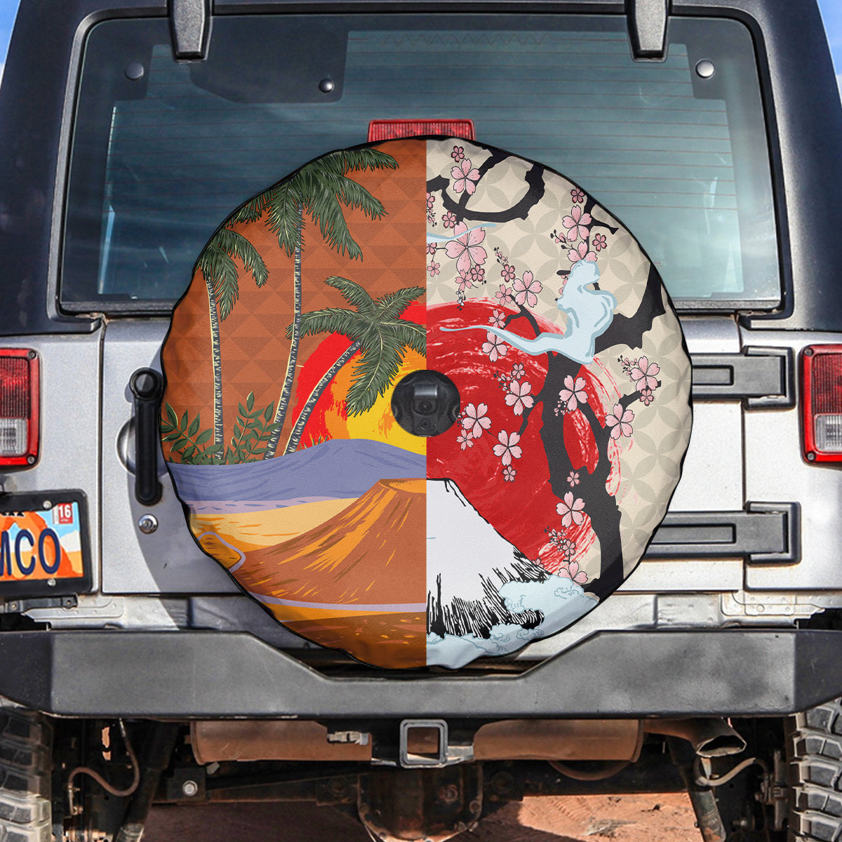 Japanese Culture Hawaii Style Spare Tire Cover Mauna Kea and Fuji Mountains LT03 Brown - Polynesian Pride