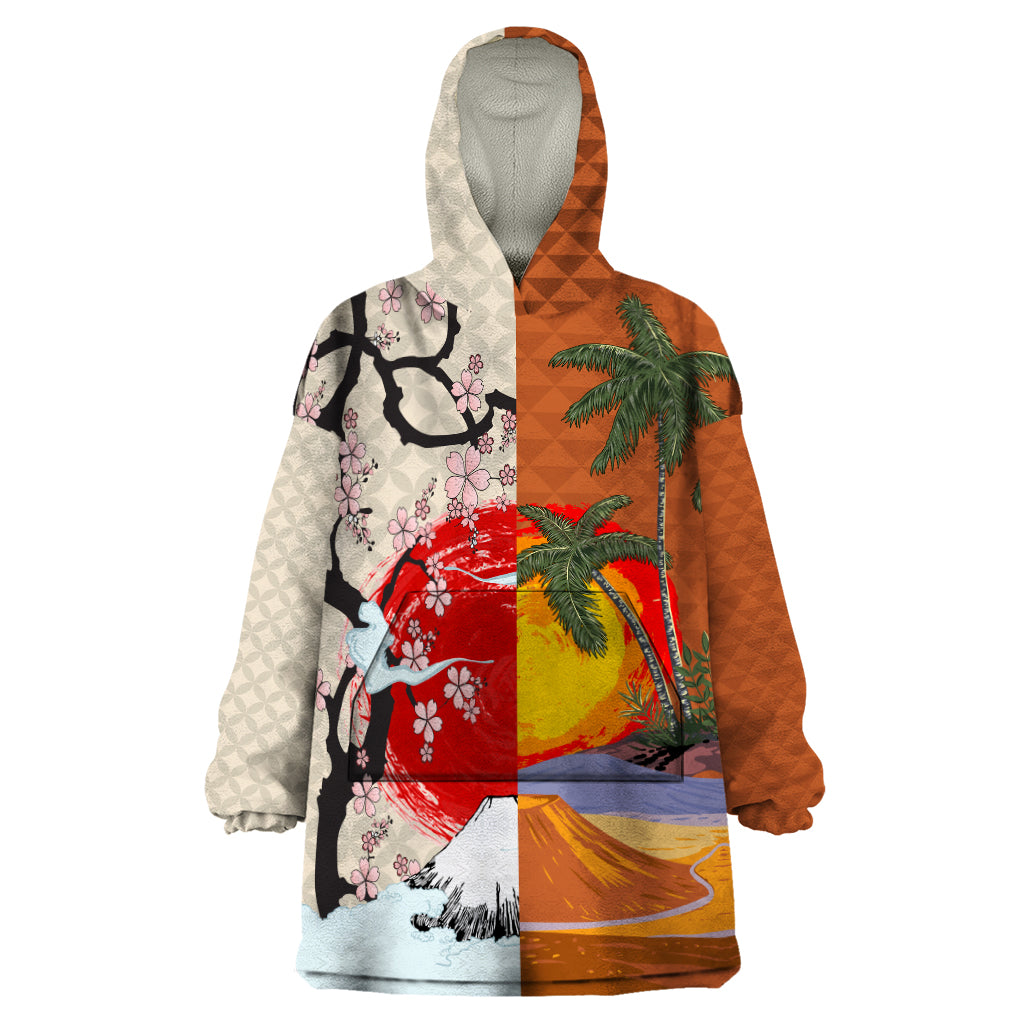 Japanese Culture Hawaii Style Wearable Blanket Hoodie Mauna Kea and Fuji Mountains LT03 One Size Brown - Polynesian Pride