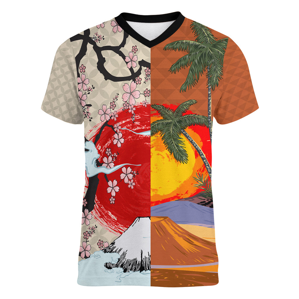 Pan-Pacific Festival Women V-Neck T-Shirt Mauna Kea and Fuji Mountains