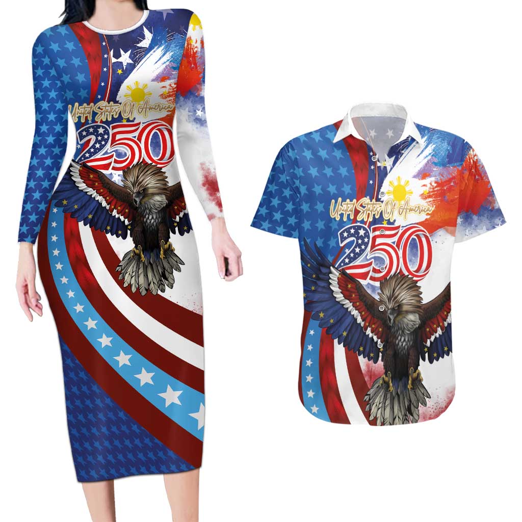 Philippines and United States Semiquincentennial Couples Matching Long Sleeve Bodycon Dress and Hawaiian Shirt Eagle and National Flag Style LT03 Multicolor - Polynesian Pride
