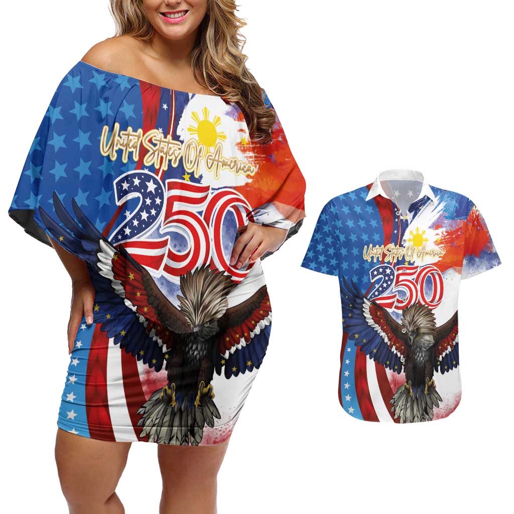 Philippines and United States Semiquincentennial Couples Matching Off Shoulder Short Dress and Hawaiian Shirt Eagle and National Flag Style