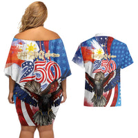 Philippines and United States Semiquincentennial Couples Matching Off Shoulder Short Dress and Hawaiian Shirt Eagle and National Flag Style