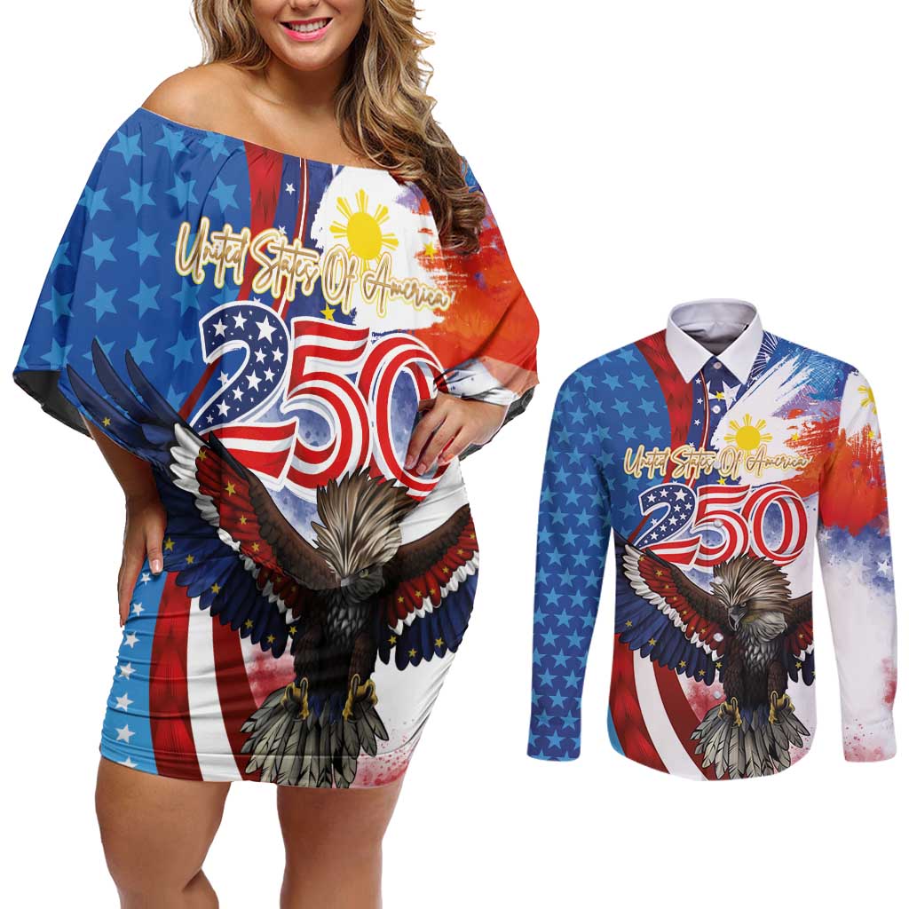 Philippines and United States Semiquincentennial Couples Matching Off Shoulder Short Dress and Long Sleeve Button Shirt Eagle and National Flag Style LT03 Multicolor - Polynesian Pride
