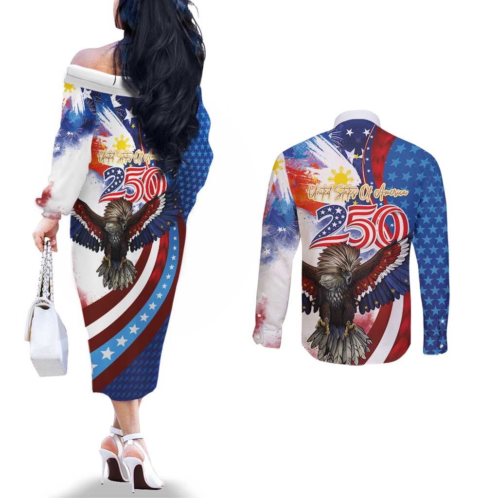 Philippines and United States Semiquincentennial Couples Matching Off The Shoulder Long Sleeve Dress and Long Sleeve Button Shirt Eagle and National Flag Style