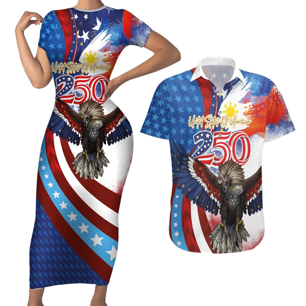 Philippines and United States Semiquincentennial Couples Matching Short Sleeve Bodycon Dress and Hawaiian Shirt Eagle and National Flag Style LT03 Multicolor - Polynesian Pride
