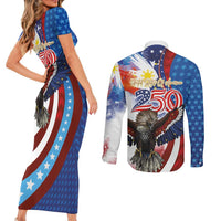 Philippines and United States Semiquincentennial Couples Matching Short Sleeve Bodycon Dress and Long Sleeve Button Shirt Eagle and National Flag Style