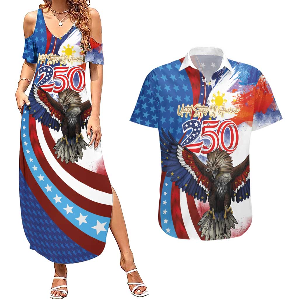 Philippines and United States Semiquincentennial Couples Matching Summer Maxi Dress and Hawaiian Shirt Eagle and National Flag Style