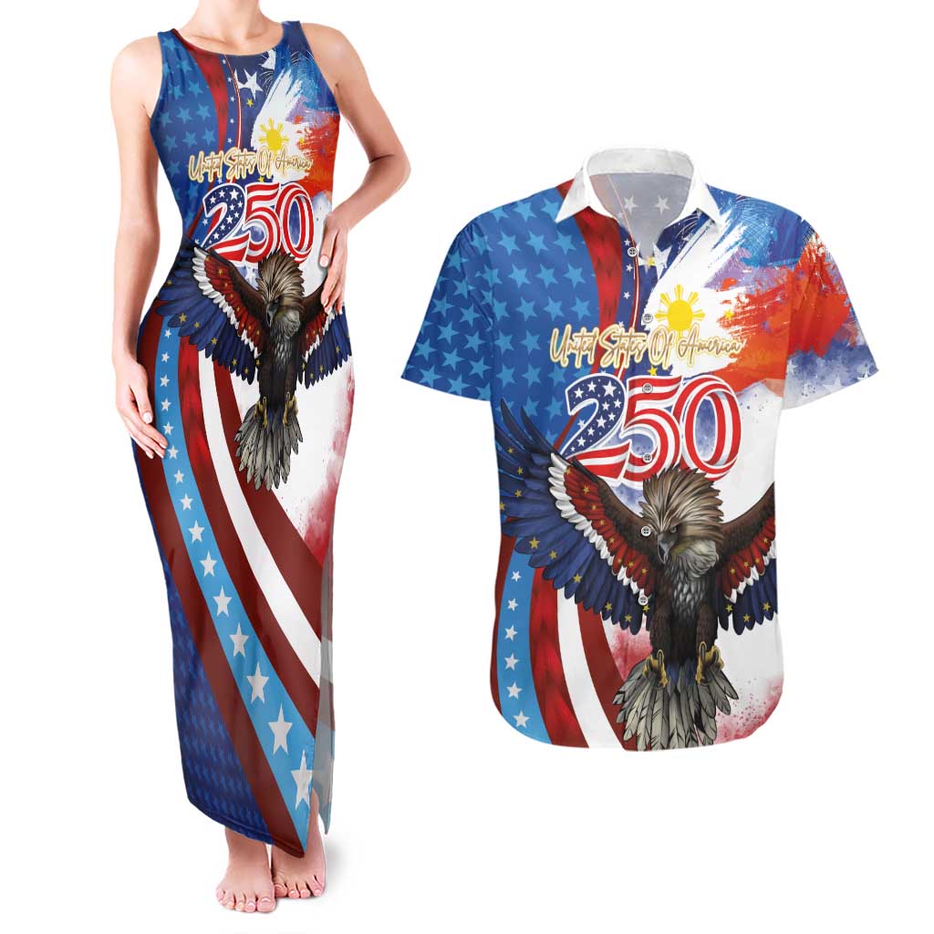 Philippines and United States Semiquincentennial Couples Matching Tank Maxi Dress and Hawaiian Shirt Eagle and National Flag Style LT03 Multicolor - Polynesian Pride
