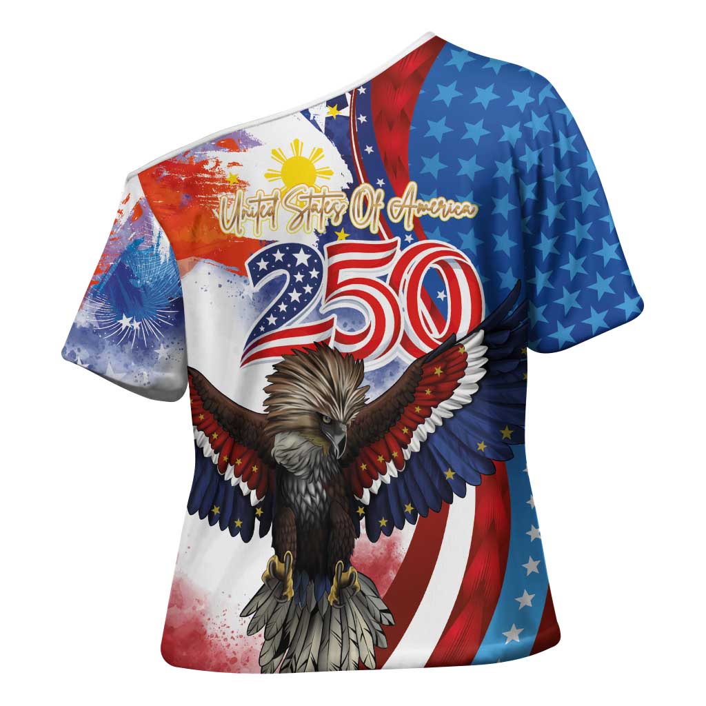 Philippines and United States Semiquincentennial Cross Shoulder Shirt Eagle and National Flag Style LT03 - Polynesian Pride