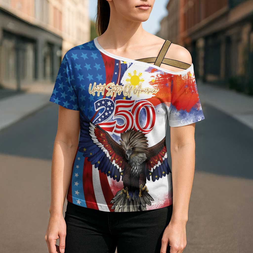 Philippines and United States Semiquincentennial Cross Shoulder Shirt Eagle and National Flag Style LT03 - Polynesian Pride