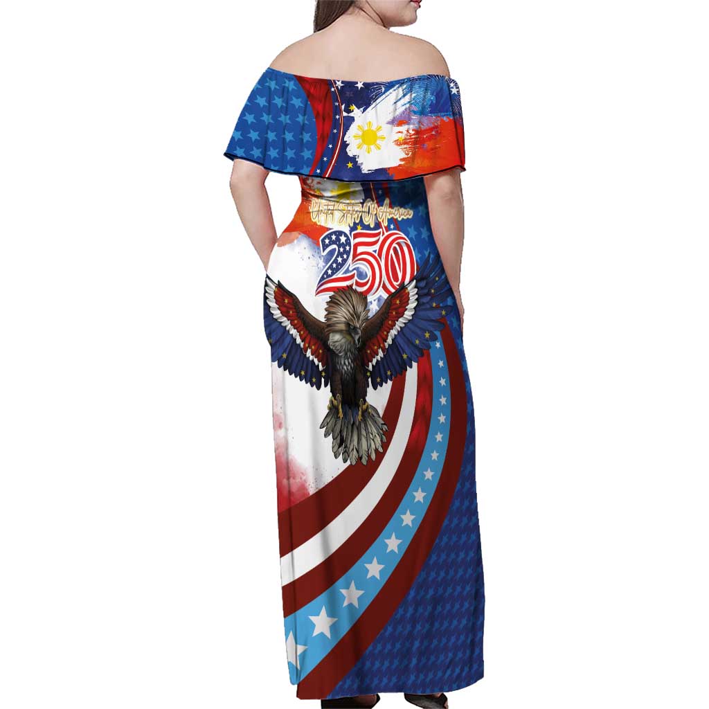 Philippines and United States Semiquincentennial Family Matching Off Shoulder Maxi Dress and Hawaiian Shirt Eagle and National Flag Style