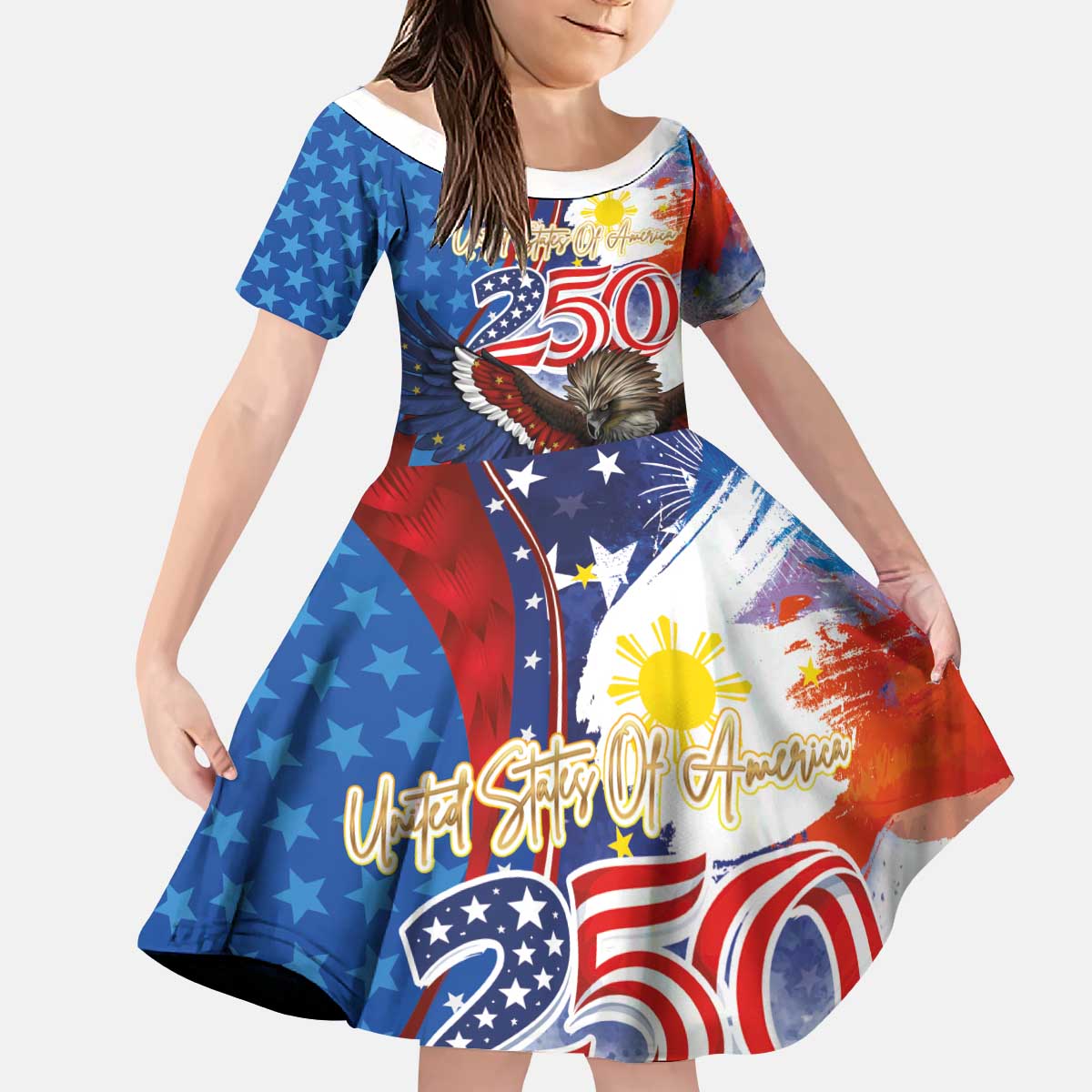 Philippines and United States Semiquincentennial Kid Short Sleeve Dress Eagle and National Flag Style LT03 KID Multicolor - Polynesian Pride