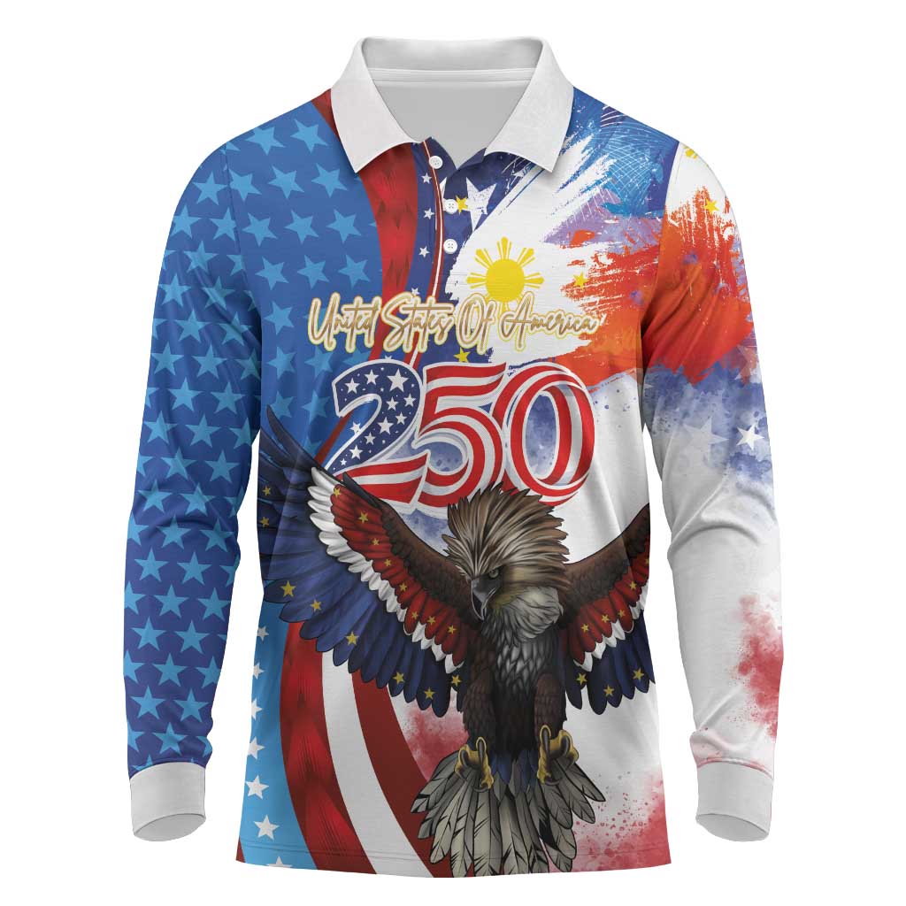 Philippines and United States Semiquincentennial Long Sleeve Polo Shirt Eagle and National Flag Style LT03 Multicolor - Polynesian Pride