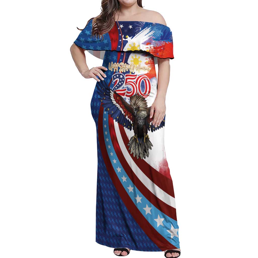 Philippines and United States Semiquincentennial Off Shoulder Maxi Dress Eagle and National Flag Style LT03 Women Multicolor - Polynesian Pride