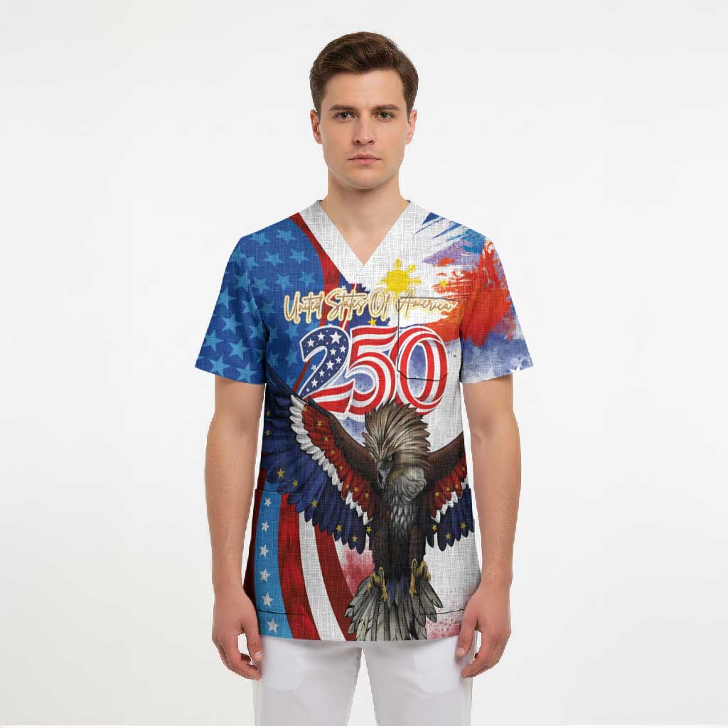Philippines and United States Semiquincentennial Scrub Top Eagle and National Flag Style LT03 - Polynesian Pride