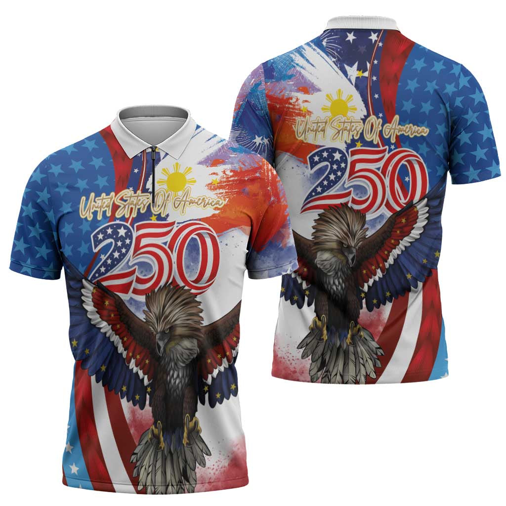 Philippines and United States Semiquincentennial Zipper Polo Shirt Eagle and National Flag Style LT03 - Polynesian Pride