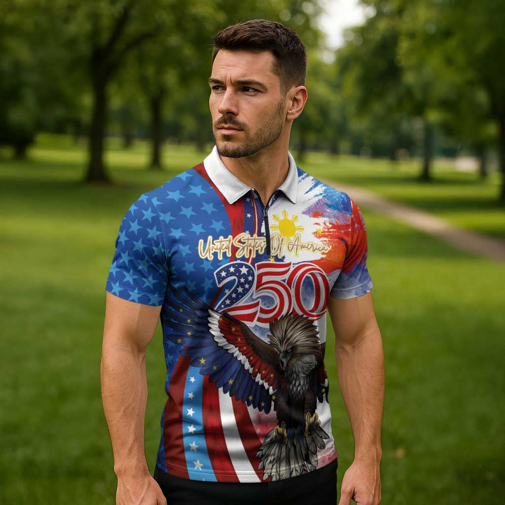 Philippines and United States Semiquincentennial Zipper Polo Shirt Eagle and National Flag Style LT03 - Polynesian Pride